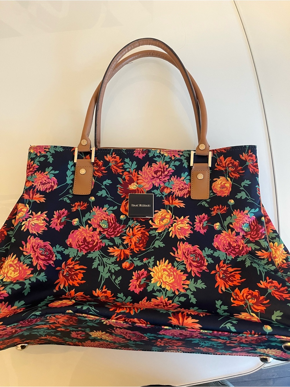 Isaac Mizrahi Black Floral Tote with Pink, Orange and Green Accents